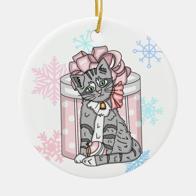 Personalised Merry Christmas Grey Kitten Pink Bow  Ceramic Tree Decoration (Front)