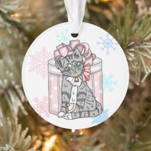 Personalised Merry Christmas Grey Kitten Pink Bow Ornament