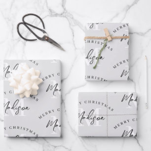 Personalised Merry Christmas Grey Monogram Wrapping Paper Sheet