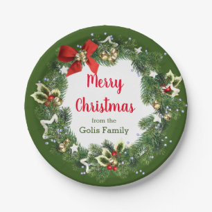 Personalised Merry Christmas Holiday Wreath Party Paper Plate