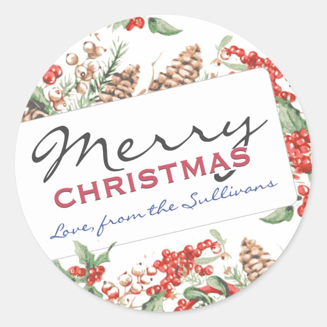 Personalised Merry Christmas Holly and Pinecones Classic Round Sticker (Front)