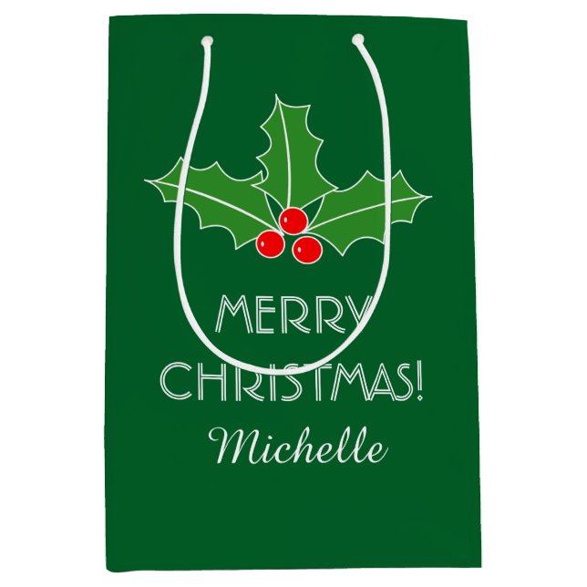 Personalised Merry Christmas holly leaves gift bag (Front)