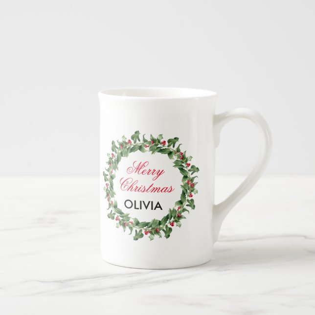 Personalised Merry Christmas Holly Wreath  Bone China Mug (Right)