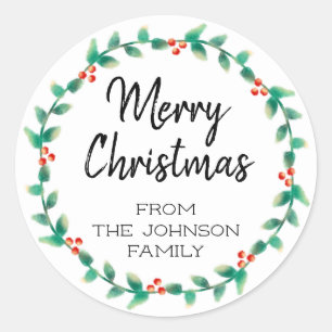 Personalised Merry Christmas Holly Wreath Classic Round Sticker