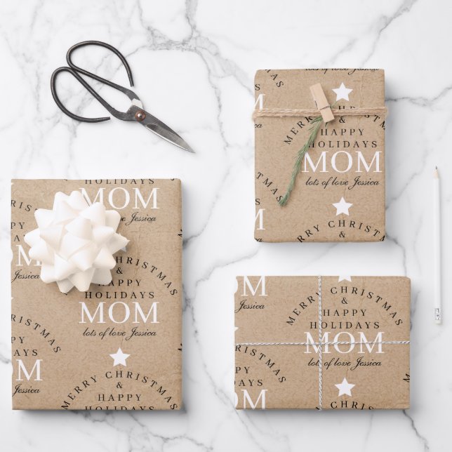 Personalised Merry Christmas Kraft Monogram To Mum Wrapping Paper Sheet (Front)