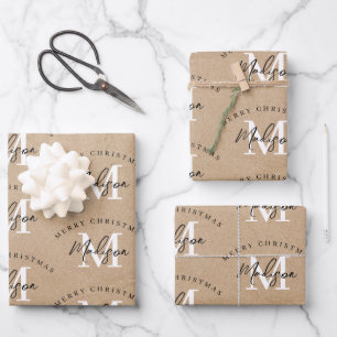 Personalised Merry Christmas Kraft Monogram   Wrapping Paper Sheet