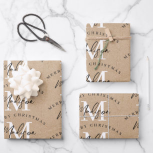 Personalised Merry Christmas Kraft Monogram Wrapping Paper Sheet