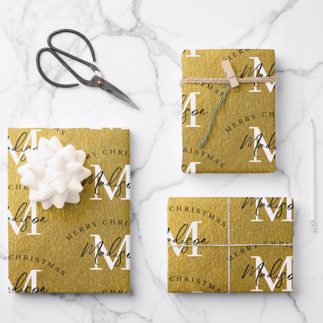 Personalised Merry Christmas Luxury Gold Monogram  Wrapping Paper Sheet (Front)