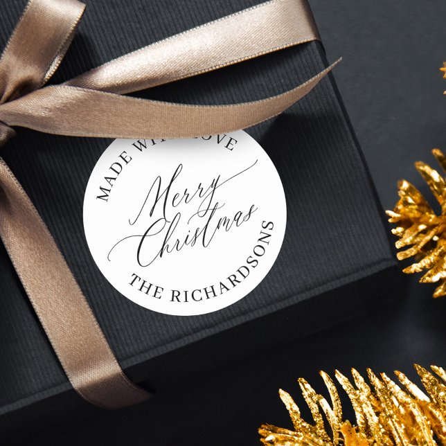 Personalised Merry Christmas Made With Love White Classic Round Sticker (Personalized Merry Christmas Made With Love White Classic Round Sticker)