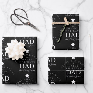 Personalised Merry Christmas Monogram To Dad Black Wrapping Paper Sheet