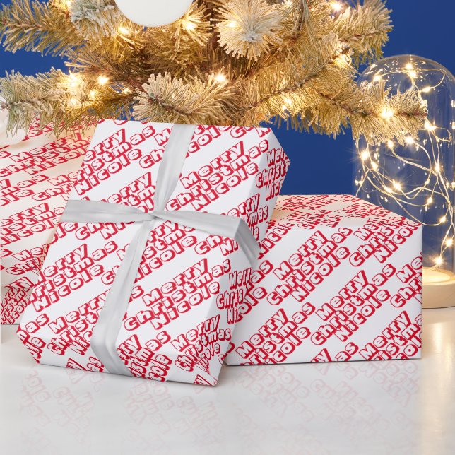 Personalised Merry Christmas Name Red and White Wrapping Paper (Holidays)