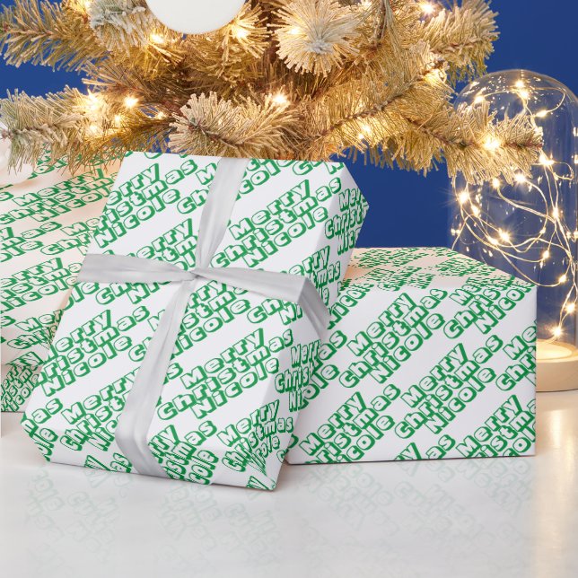 Personalised Merry Christmas Name White and Green Wrapping Paper (Holidays)