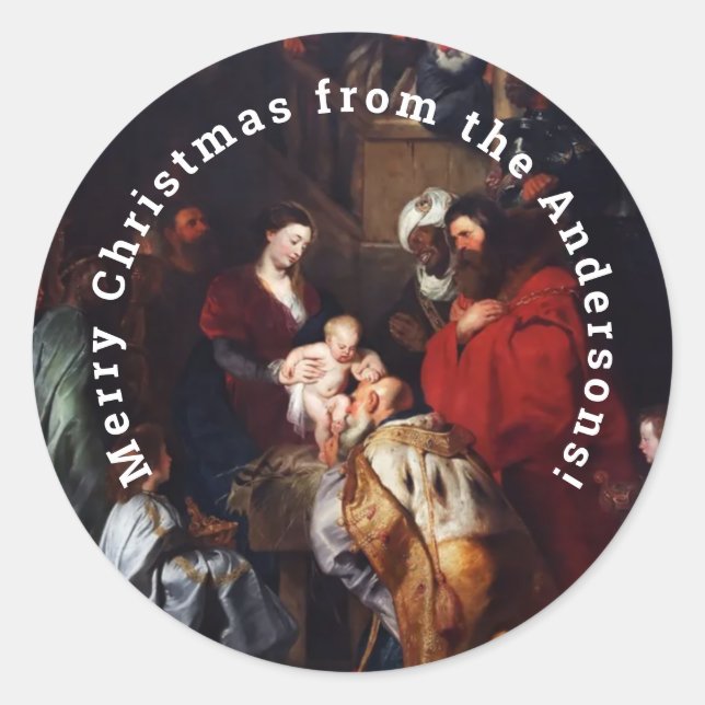 Personalised Merry Christmas Nativity Classic Round Sticker (Front)