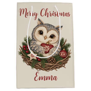 Personalised Merry Christmas Nordic Owl for Kids Medium Gift Bag