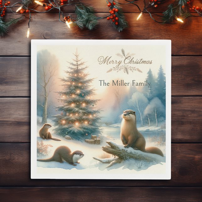 Personalised Merry Christmas Otter Family Winter  Napkin (Creator Uploaded)