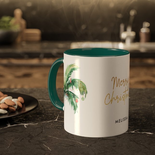 Personalised Merry Christmas Palm Tree Holidays Mug (Christmas Holidays Coastal Celebration Palm Tree Personalized Green Two Tone Coffee Mug)