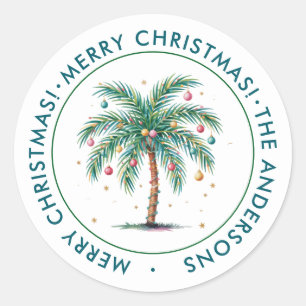 Personalised Merry Christmas Palm Tree Light Classic Round Sticker