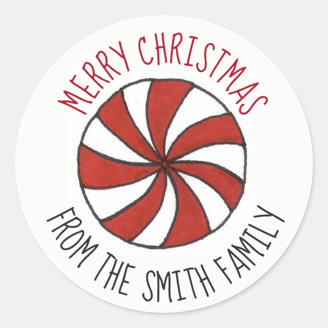 Personalised Merry Christmas Peppermint Mint Candy Classic Round Sticker (Front)