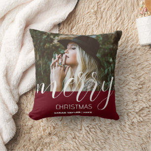 Personalised Merry Christmas Photo Name Burgundy  Cushion