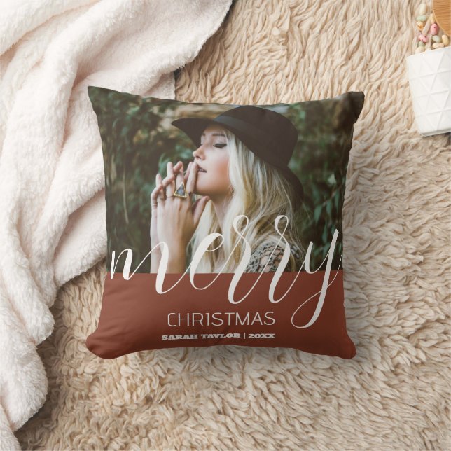 Personalised Merry Christmas Photo Name Typography Cushion (Blanket)