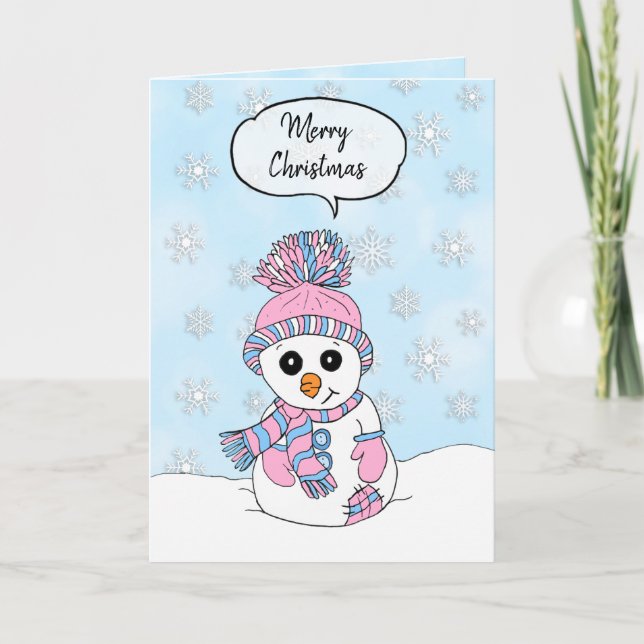 Personalised Merry Christmas Pink and Blue Snowman Card (Front)