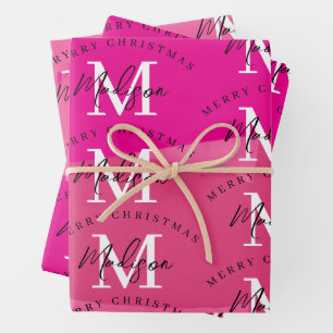 Personalised Merry Christmas Pink Paint Monogram Wrapping Paper Sheet