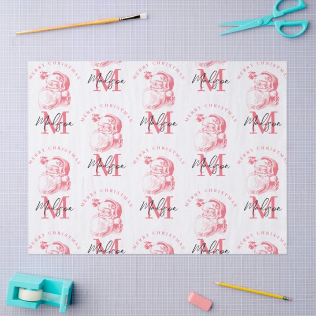 Personalised Merry Christmas Pink Santa Monogram Tissue Paper (Craft)