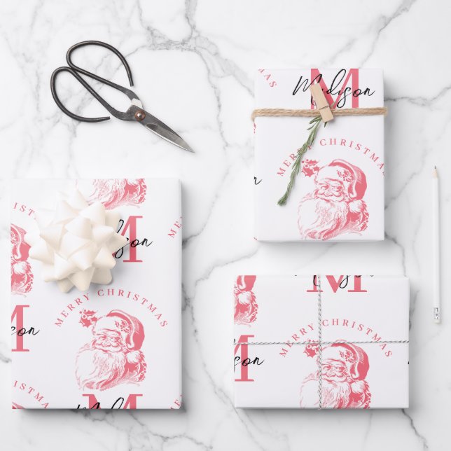 Personalised Merry Christmas Pink Santa Monogram Wrapping Paper Sheet (Front)