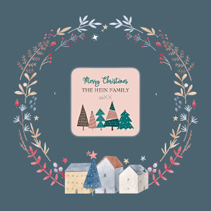 Personalised Merry Christmas Pink Trees Square Sticker