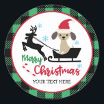 Personalised Merry Christmas Puppy Santa Sleigh Classic Round Sticker<br><div class="desc">Christmas Stickers. Personalised Stickers Sheet. Add your own custom name,  monogram,  quote or saying. You can change the background colour.</div>