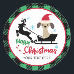 Personalised Merry Christmas Puppy Santa Sleigh Classic Round Sticker<br><div class="desc">Christmas Stickers. Personalised Stickers Sheet. Add your own custom name,  monogram,  quote or saying. You can change the background colour.</div>