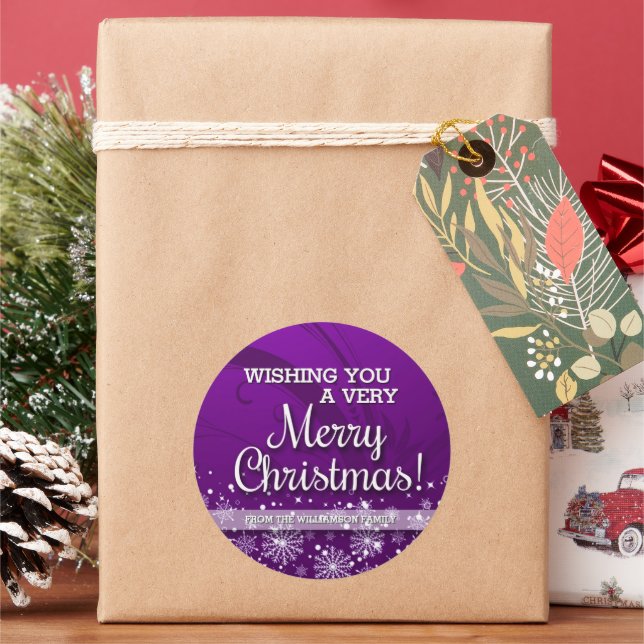 Personalised Merry Christmas (purple) Classic Round Sticker (Holiday)