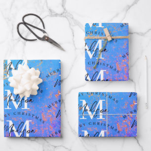 Personalised Merry Christmas Purple Gold Monogram Wrapping Paper Sheet