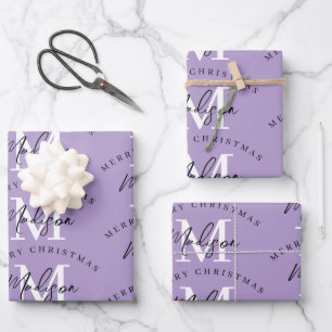Personalised Merry Christmas Purple Monogram Wrapping Paper Sheet