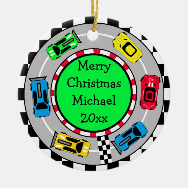 Personalised Merry Christmas Race Car Themed Ceramic Tree Decoration (Front)