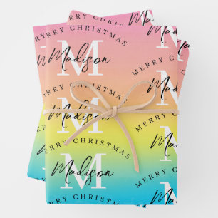 Personalised Merry Christmas Rainbow Monogram Wrapping Paper Sheet