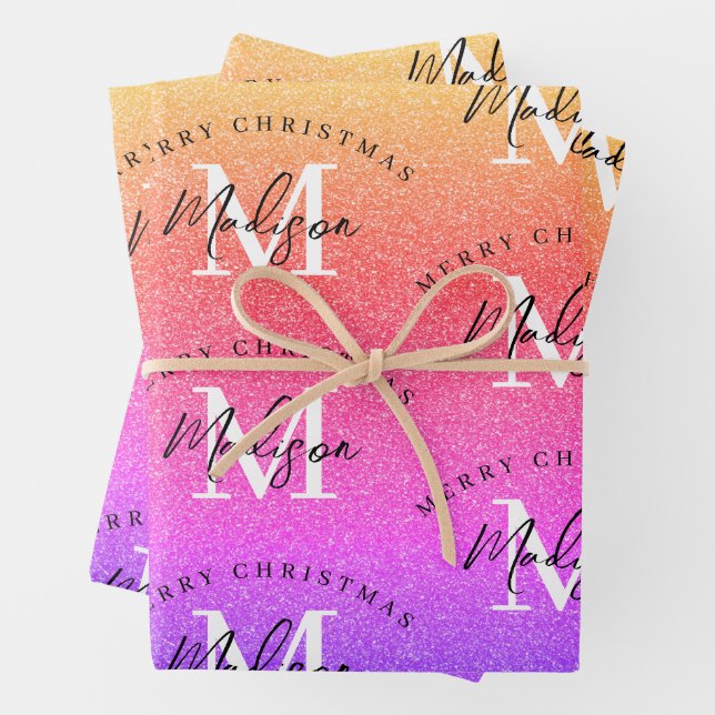 Personalised Merry Christmas Rainbow Monogram Wrapping Paper Sheet (In situ)