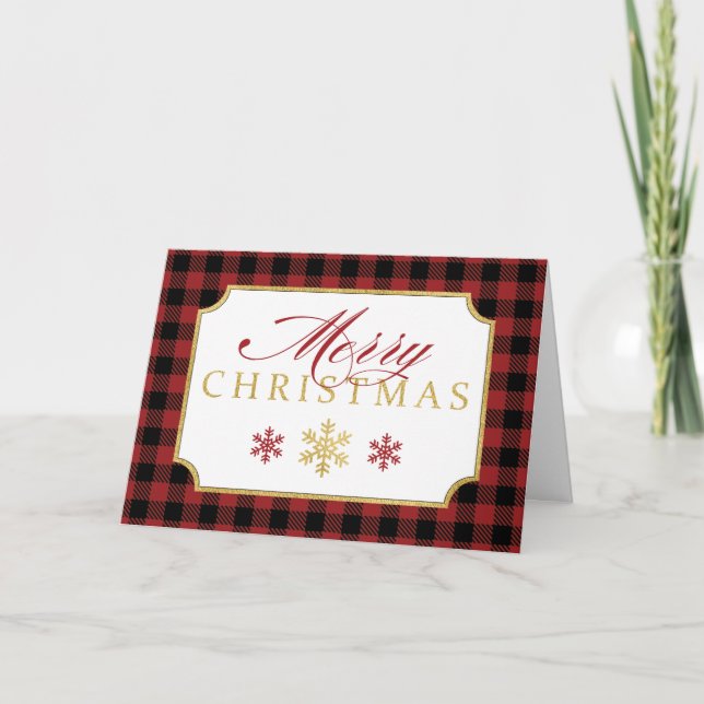 Personalised Merry Christmas Red, Black Plaid Card (Front)
