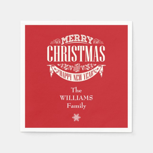 Personalised Merry Christmas Red Family NAme Napkin (Front)