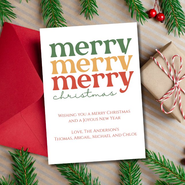Personalised Merry Christmas Red Green Gold Card (Merry Merry Merry Christmas Card Printed or Digital Instant Download)