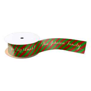 Personalised Merry Christmas Red Green Stripes Satin Ribbon