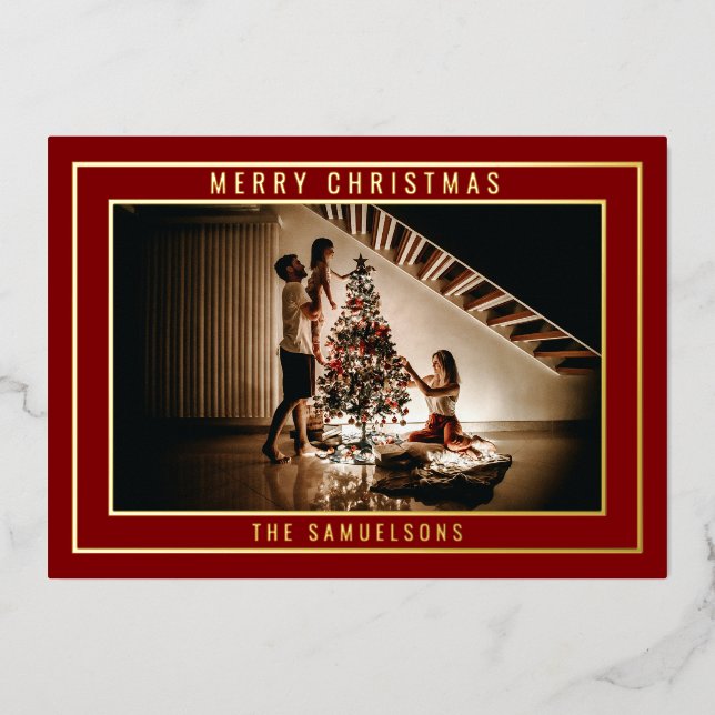 Personalised Merry Christmas Red Greeting | PHOTO Foil Holiday Card (Front)