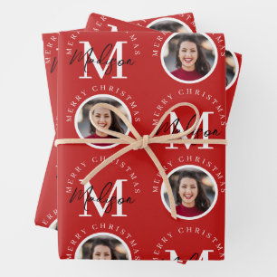 Personalised Merry Christmas Red Monogram Photo Wrapping Paper Sheet