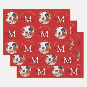 Personalised Merry Christmas Red Monogram Photo Wrapping Paper Sheet
