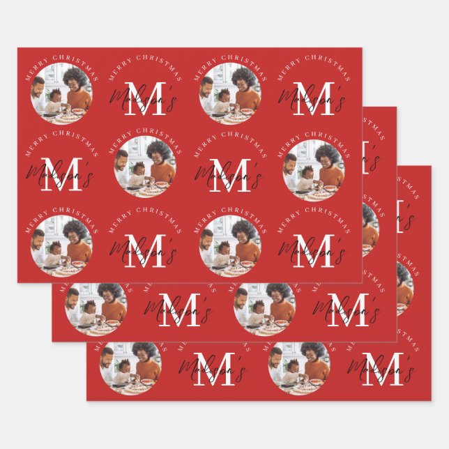 Personalised Merry Christmas Red Monogram Photo Wrapping Paper Sheet (Set)