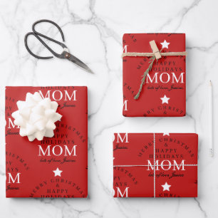 Personalised Merry Christmas Red Monogram To Mum Wrapping Paper Sheet