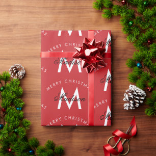Personalised Merry Christmas Red Monogram Wrapping Paper