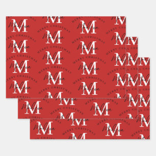 Personalised Merry Christmas Red Monogram Wrapping Paper Sheet