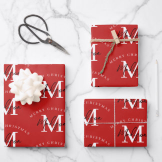 Personalised Merry Christmas Red Monogram Wrapping Paper Sheet