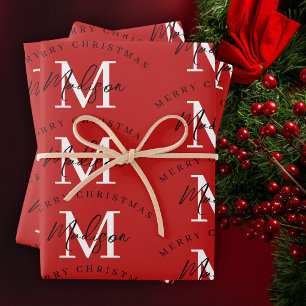 Personalised Merry Christmas Red Monogram Wrapping Paper Sheet